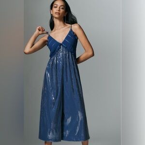 Anthro Maeve Fluid Shine Ruffle Wide Leg Crop Jumpsuit Sodalite Blue Medium NWT